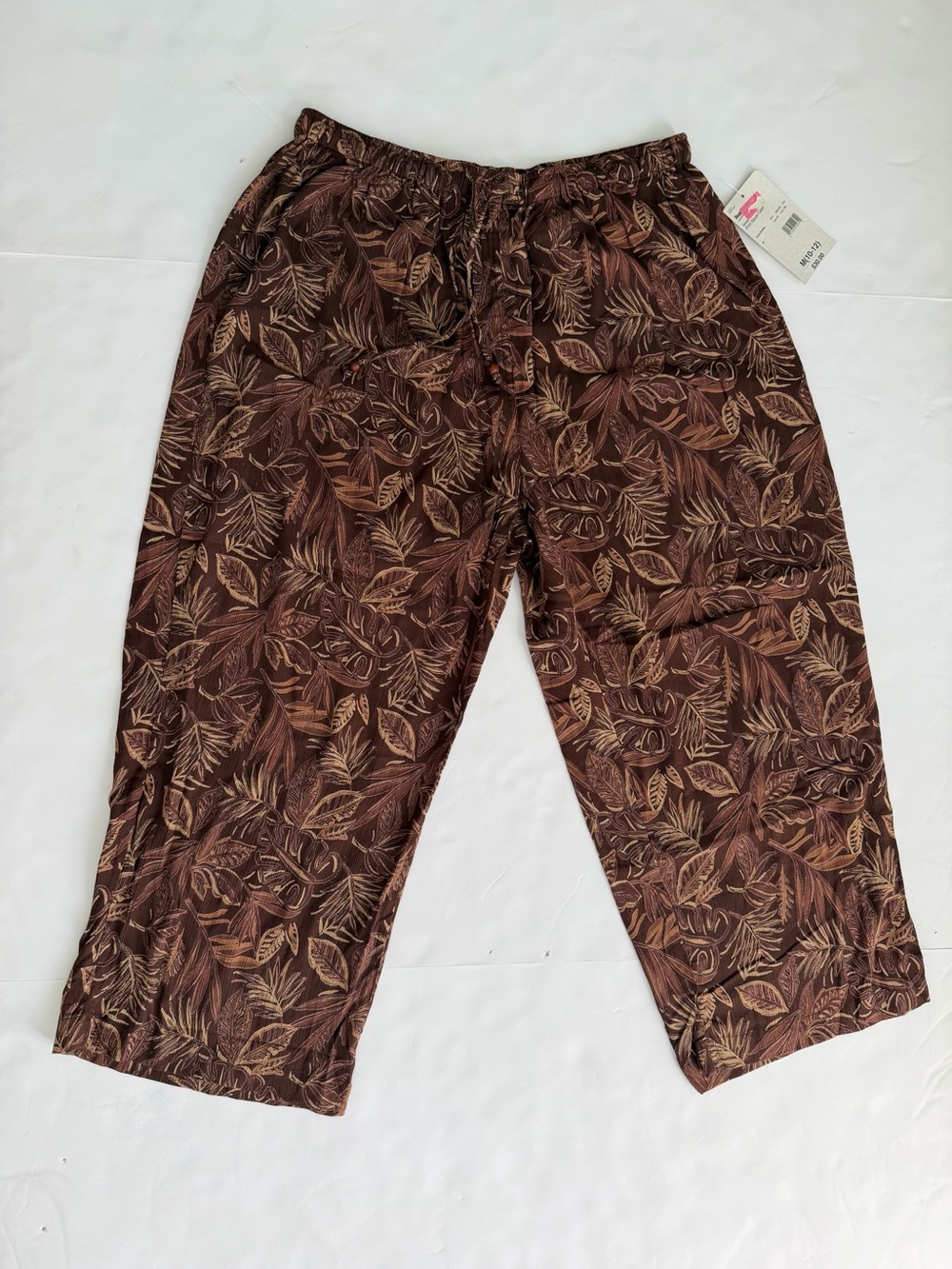 NWT Classic Elements Linen Cotton Crop Pants Bark Brown Paisley Floral Medium